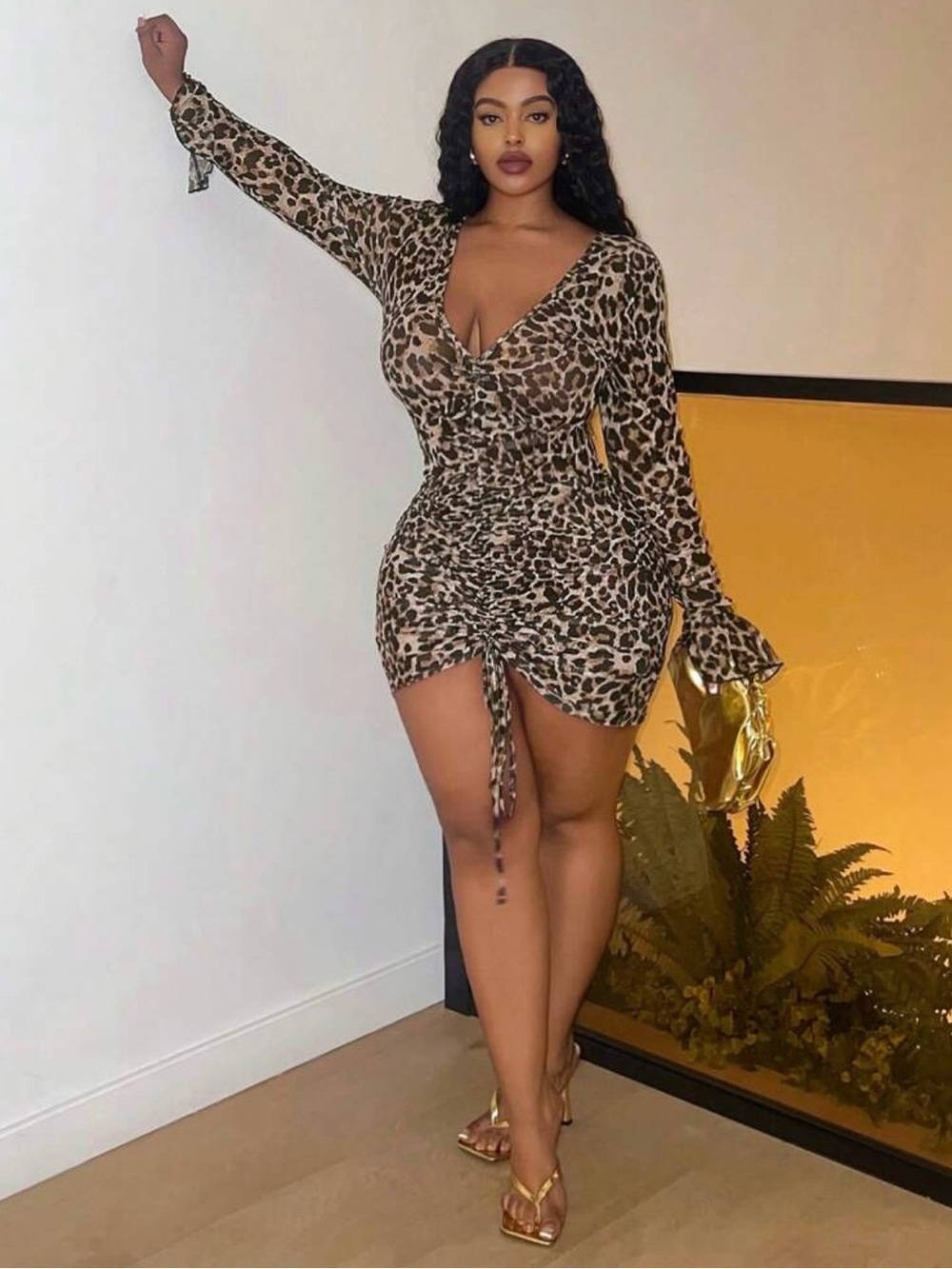 SHEIN Brown/Black Leopard Ruched Long-Sleeve Mini Dress